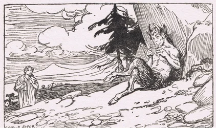 De granaatappelzaden: Ze zag een persoon genaamd Pan, zittend aan de voet van een hoge rots en muziek makend op een herdersfluit